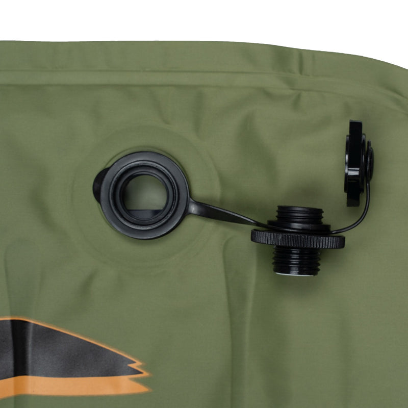 Detailed view of Boston valve on surf mat used for quick inflation and air release