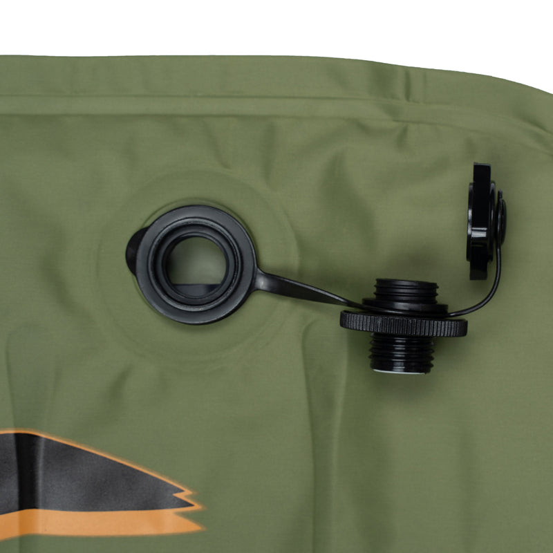 Detailed view of Boston valve on surf mat used for quick inflation and air release