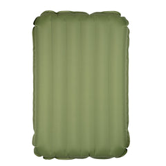 Back view of the olive green Yucca Merlyn Junior inflatable surf mat shown flat against a light gray background. Features a clean design with vertical air chambers and no front logos visible. Designed for smaller riders, groms, and easy control with stable volume.