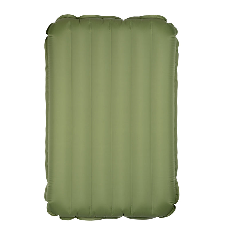 Back view of the olive green Yucca Merlyn Junior inflatable surf mat shown flat against a light gray background. Features a clean design with vertical air chambers and no front logos visible. Designed for smaller riders, groms, and easy control with stable volume.