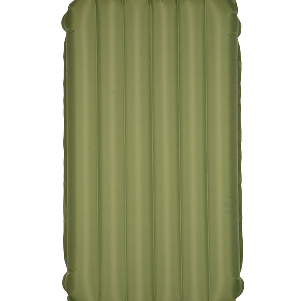 Back view of the olive green Yucca Merlyn Standard inflatable surf mat shown flat against a light gray background. Features a clean design with vertical air chambers and no front logos visible. The best all-around option for most adults, offering balance, speed, and versatility.