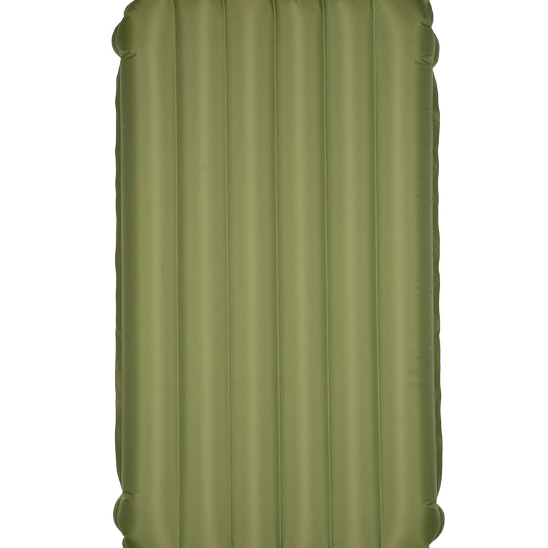 Back view of the olive green Yucca Merlyn Standard inflatable surf mat shown flat against a light gray background. Features a clean design with vertical air chambers and no front logos visible. The best all-around option for most adults, offering balance, speed, and versatility.