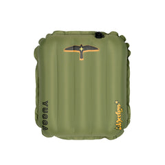 Olive green Yucca Mini Merlyn inflatable surf mat shown flat against a light gray background. Features vertical air chambers, black and gold bird logo at the top, black Yucca logo along the side, and yellow script Merlyn logo near the bottom. 