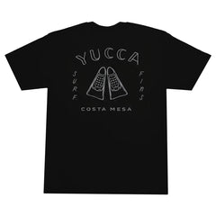 Black t-shirt with white graphic and text on a white background