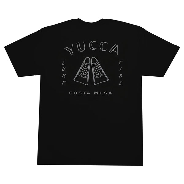 Black t-shirt with white graphic and text on a white background