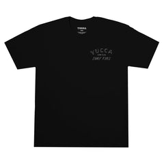 Black t-shirt with white text on a white background