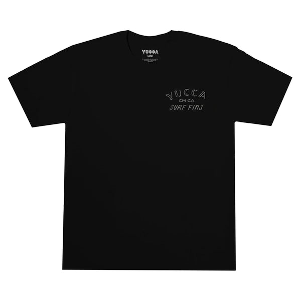 Black t-shirt with white text on a white background