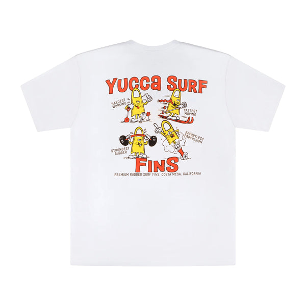 White Yucca Surf Fins t-shirt with large retro-style back graphic featuring four cartoon yellow surf fin characters illustrating “Hardest Working,” “Fastest Moving,” “Strongest Rubber,” and “Effortless Propulsion,” with orange Yucca Surf Fins lettering and “Premium Rubber Surf Fins, Costa Mesa, California” text
