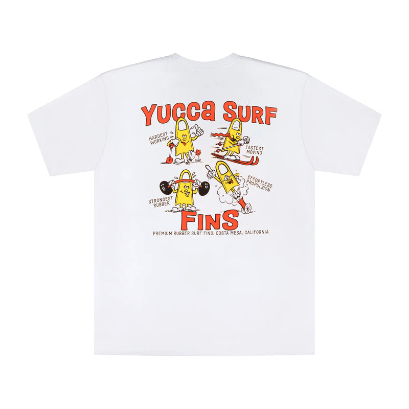 White Yucca Surf Fins t-shirt with large retro-style back graphic featuring four cartoon yellow surf fin characters illustrating “Hardest Working,” “Fastest Moving,” “Strongest Rubber,” and “Effortless Propulsion,” with orange Yucca Surf Fins lettering and “Premium Rubber Surf Fins, Costa Mesa, California” text