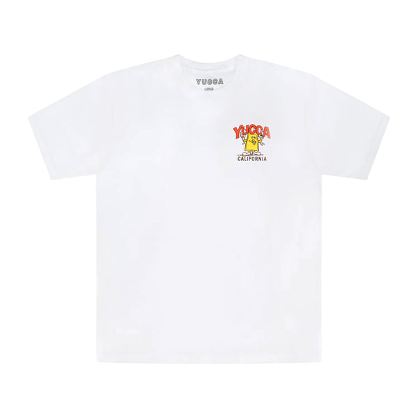 White Yucca California t-shirt with small chest graphic featuring yellow cartoon surf fin character and orange Yucca logo