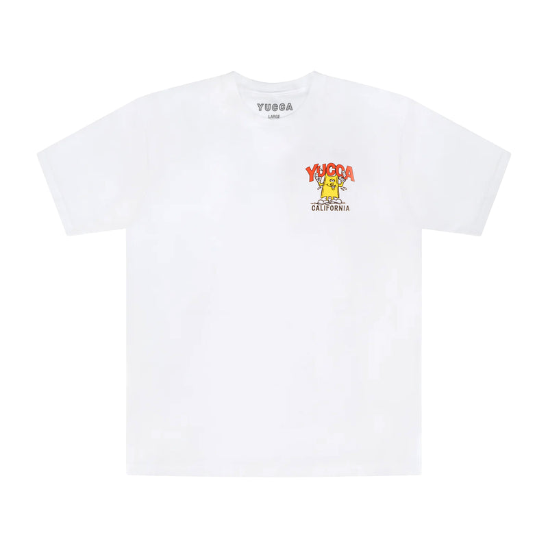 White Yucca California t-shirt with small chest graphic featuring yellow cartoon surf fin character and orange Yucca logo